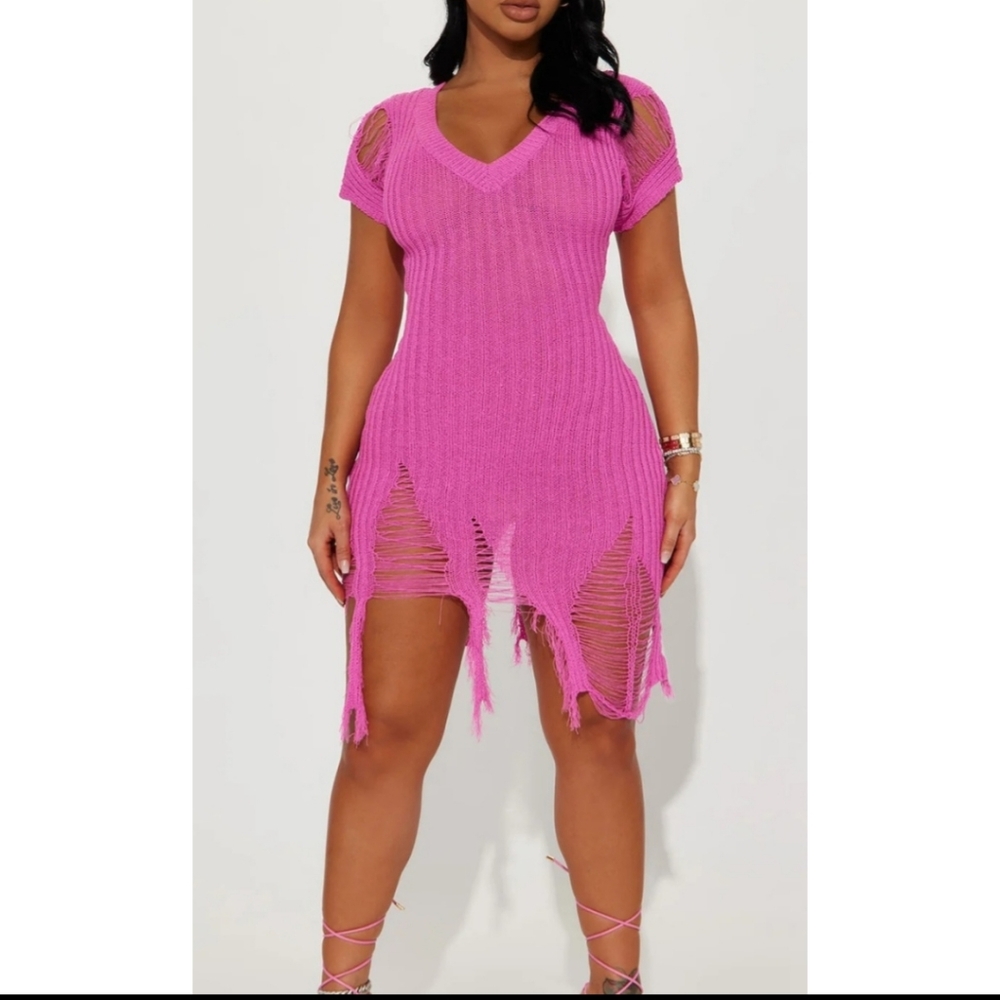 Pink Distressed Knit Sweater Dress